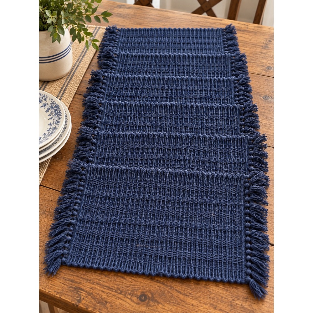 Vintage Navy Blue Woven Cotton Fringed Placemats Set of 6 Ribbed Textured Navy